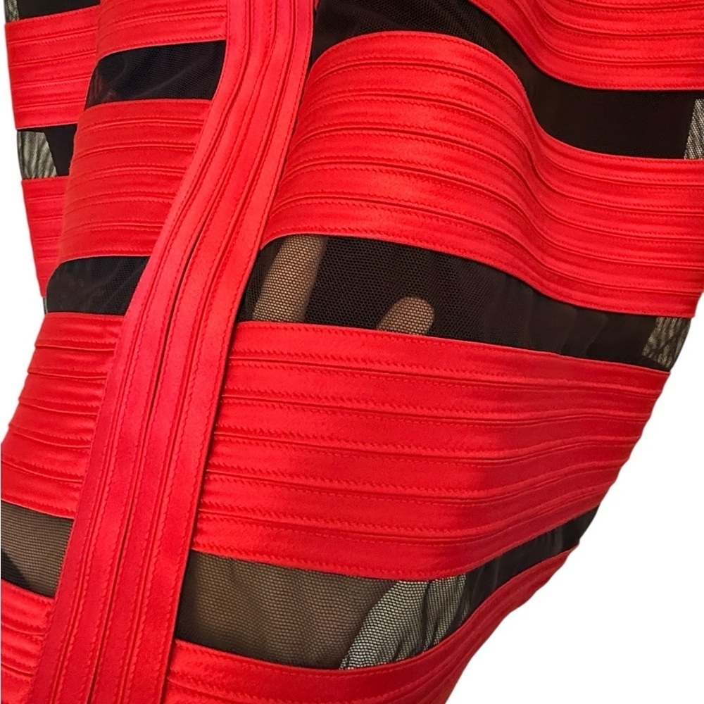 BCBGMaxAzria Brenda Jewelred Satin Sheer Bandage Bodycon Mini Dress Size 10 - Picture 5 of 11